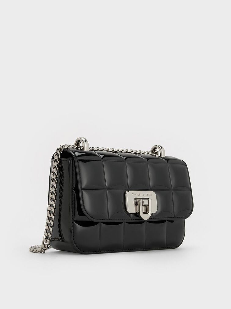 C & K Patent Square-Quilted Chain-Handle Bag - Noir