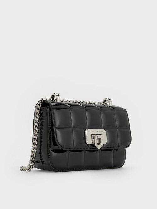 C & K Patent Square-Quilted Chain-Handle Bag - Noir