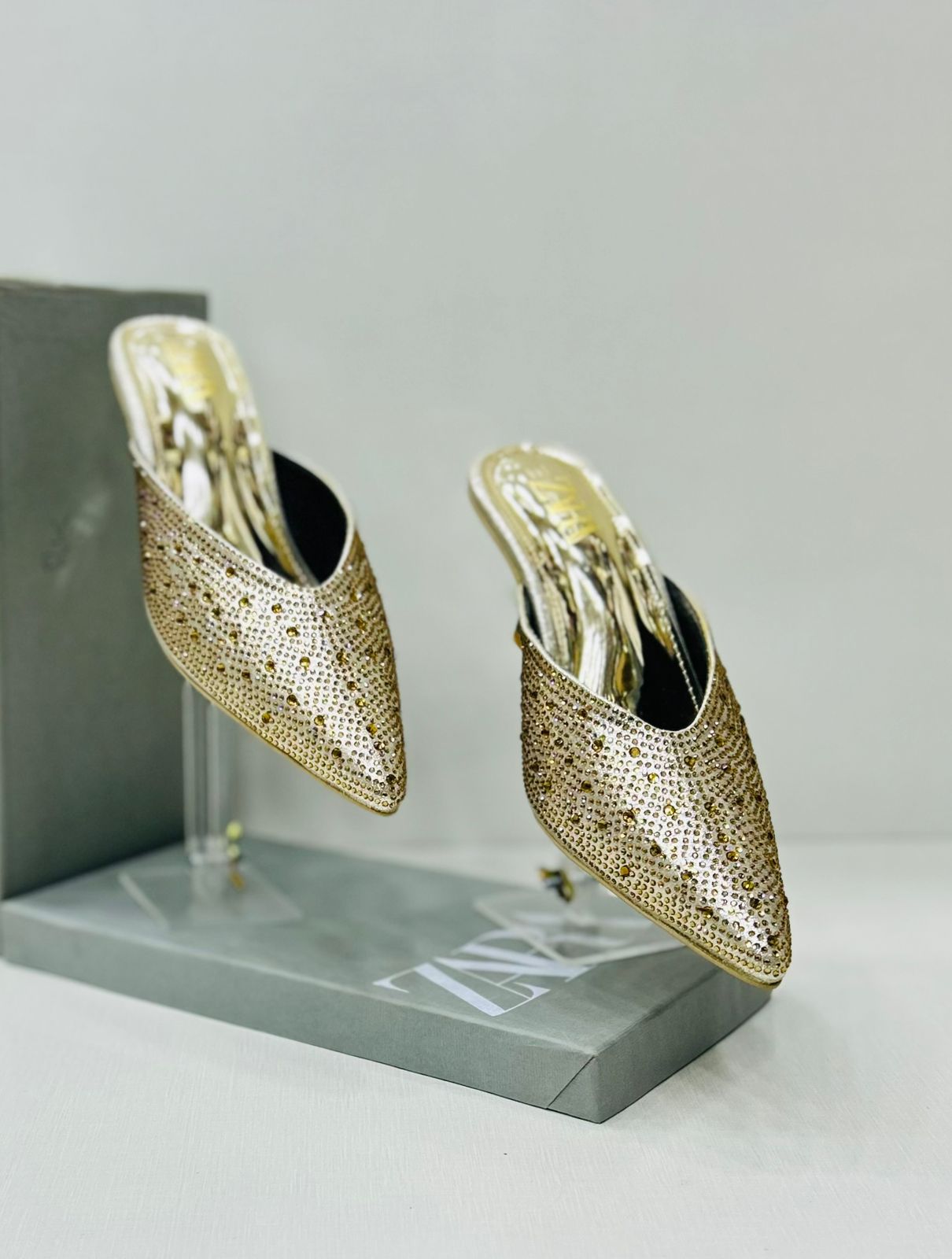 ZARA - Diamante Mules Shoes Heels Golden