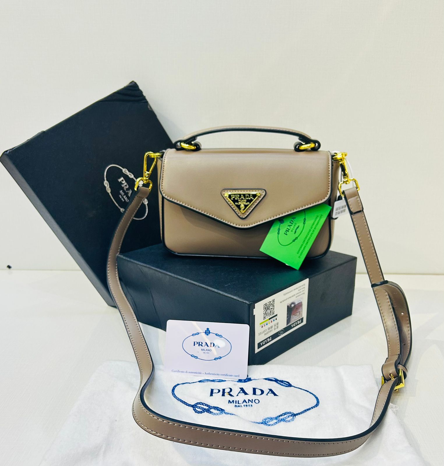 Prada Triangle Flap Leather Shoulder Bag Desert Beige